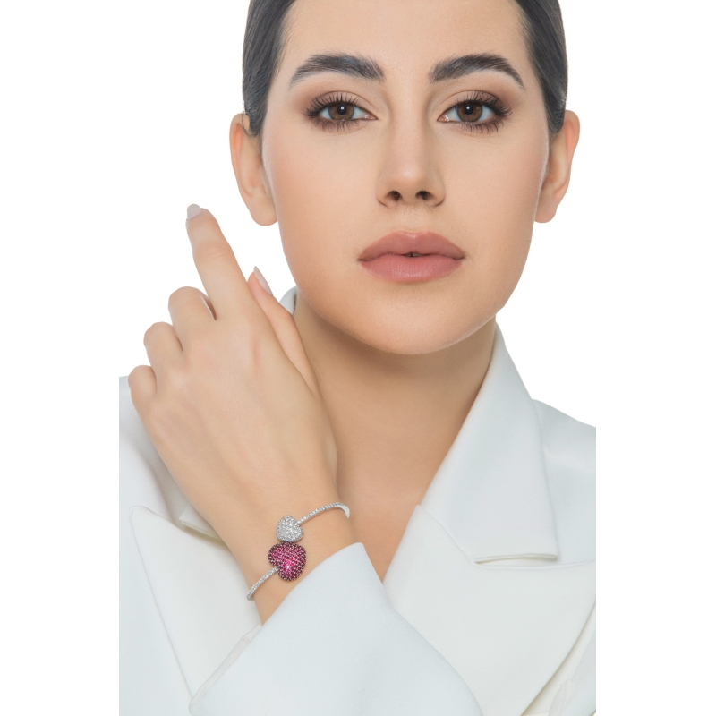 TOI ET MOI Bracelet or blanc avec deux cœurs en rubis et diamant