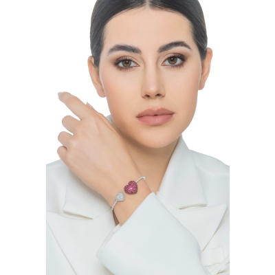  Bracelet or blanc avec deux cœurs en rubis et diamant