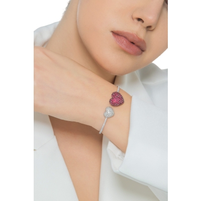  Bracelet or blanc avec deux cœurs en rubis et diamant