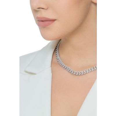 Collier élégant or blanc 18k style gourmette avec diamants