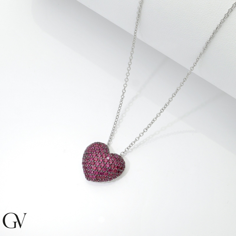 Collier or blanc 18K cœur pavé de rubis Collier or blanc 18K cœur pavé de rubis