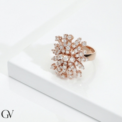 Bague or rose 18k diamants fleurs