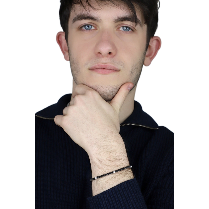 Bracelet Tennis à fil en or blanc 18k serti de diamants noirs et de diamants 