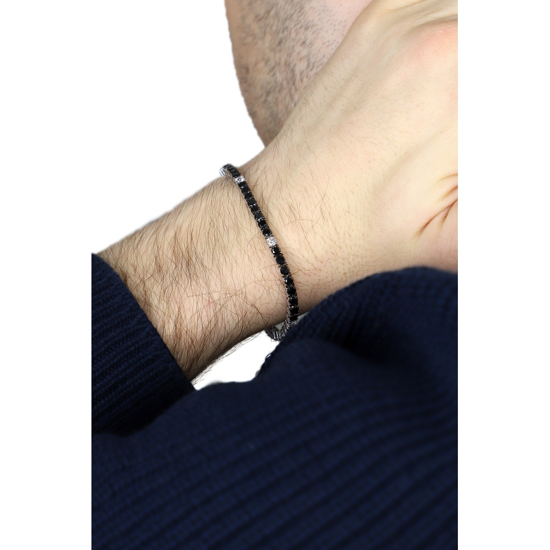 Bracelet Tennis à fil en or blanc 18k serti de diamants noirs et de diamants 