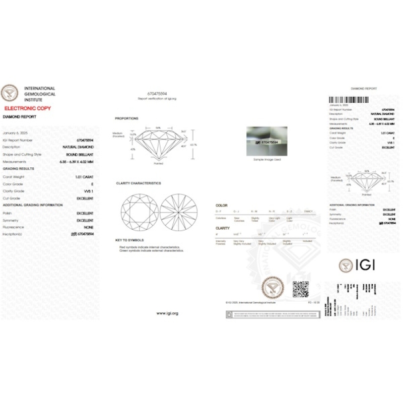 Diamant Certifié IGI  1.01 CT E VVS1