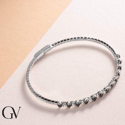 Bracelet semi-rigide en or blanc 18k serti de diamants noirs et blancs