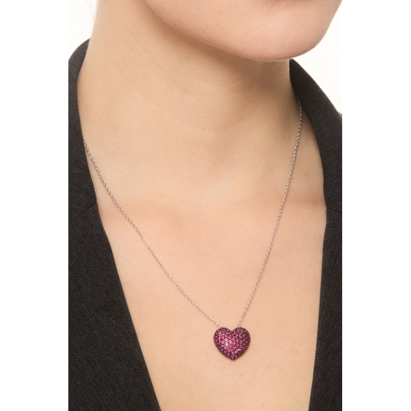 Collier or blanc 18K cœur pavé de rubis Collier or blanc 18K cœur pavé de rubis