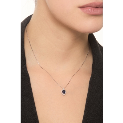 Collier en or blanc 18k goutte en saphir bleu et halo de diamants