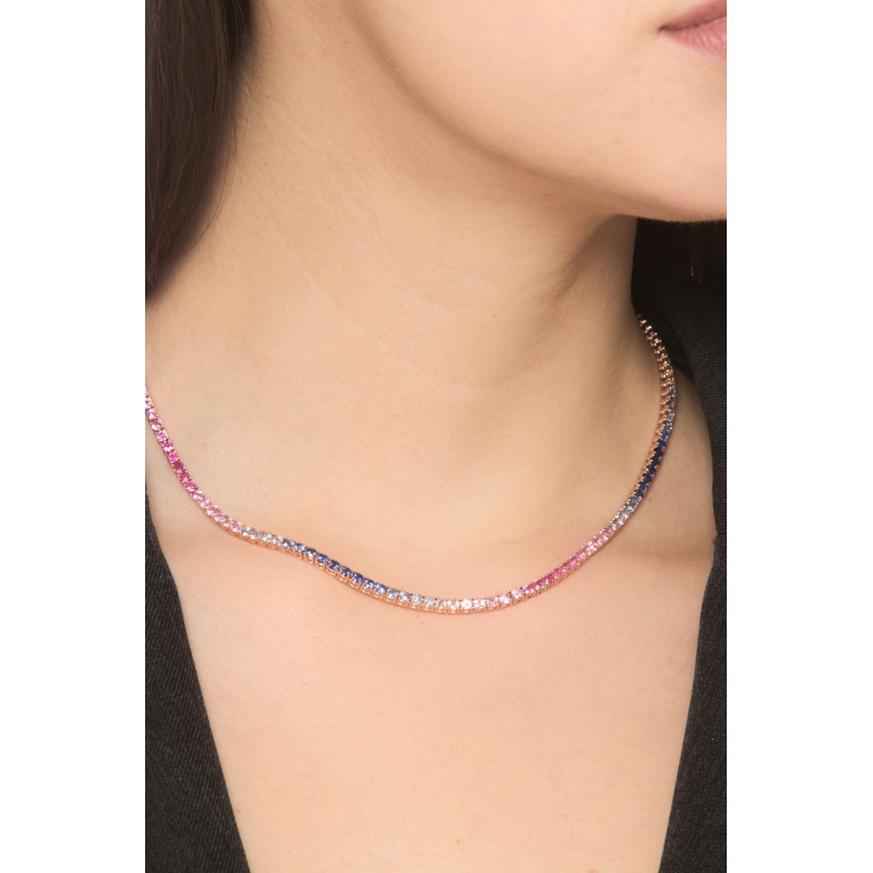 Rivière tennis en or rose 18k sertie de saphirs multicolor Rivière tennis en or rose 18k sertie de saphirs multicolor