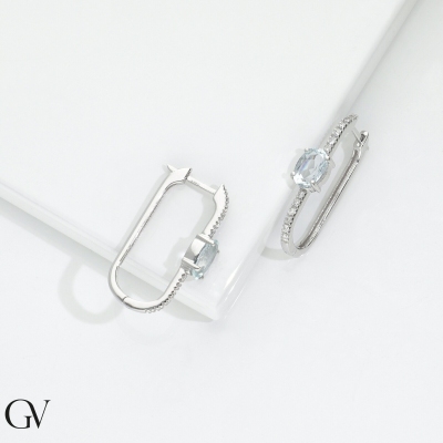 Boucles d’oreilles ovales en or blanc 750 avec diamants et aiguemarine