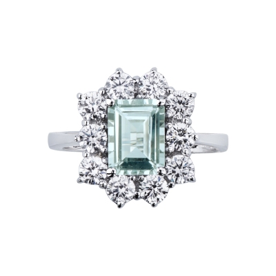 Bague halo en or blanc 18 carats avec aquamarine et diamants