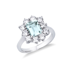 Bague halo en or blanc 18 carats avec aquamarine et diamants