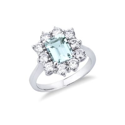 Bague halo en or blanc 18 carats avec aquamarine et diamants