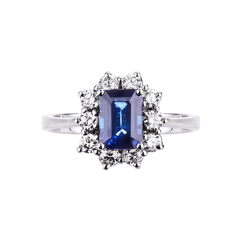 Bague halo en or blanc 18k avec saphir bleu octogonal