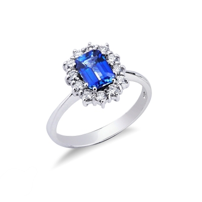 Bague halo en or blanc 18k avec saphir bleu octogonal