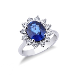 Bague halo classique en or blanc 18k avec saphir bleu et diamants