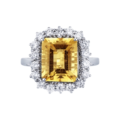 Bague halo en or blanc 18k avec diamants et citrine rectangulaire 