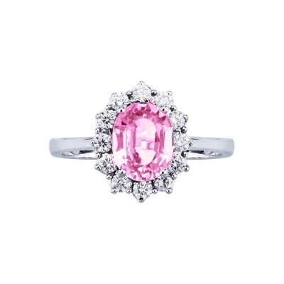 Bague halo en or blanc 18k avec saphir rose et diamants