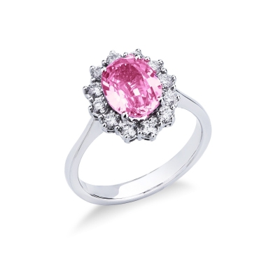 Bague halo en or blanc 18k avec saphir rose et diamants