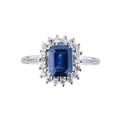 Bague halo en or blanc 18k avec un saphir bleu