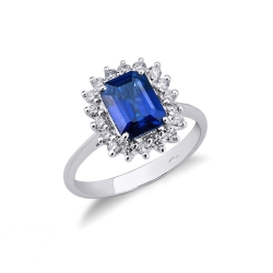 Bague halo en or blanc 18k avec un saphir bleu