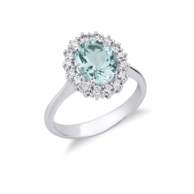 Bague halo en or blanc 18k avec aigue-marine de taille ovale