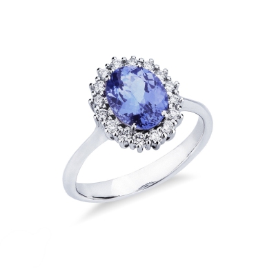 Bague halo en or blanc 18k avec Tanzanite et diamants. 