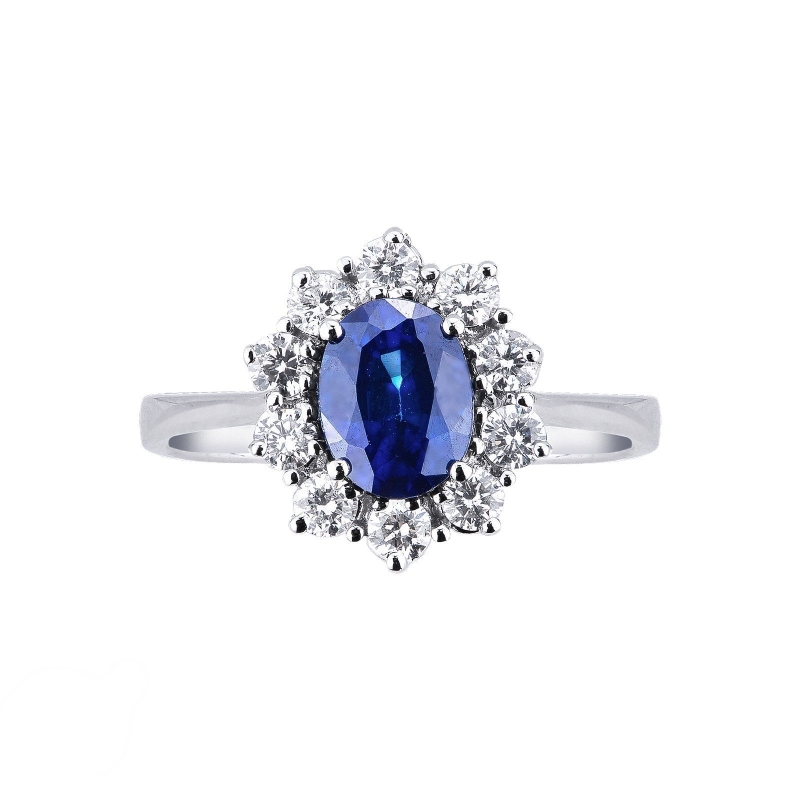 Bague halo en or blanc 750 avec saphir bleu et diamants