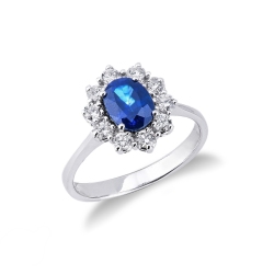 Bague halo en or blanc 750 avec saphir bleu et diamants