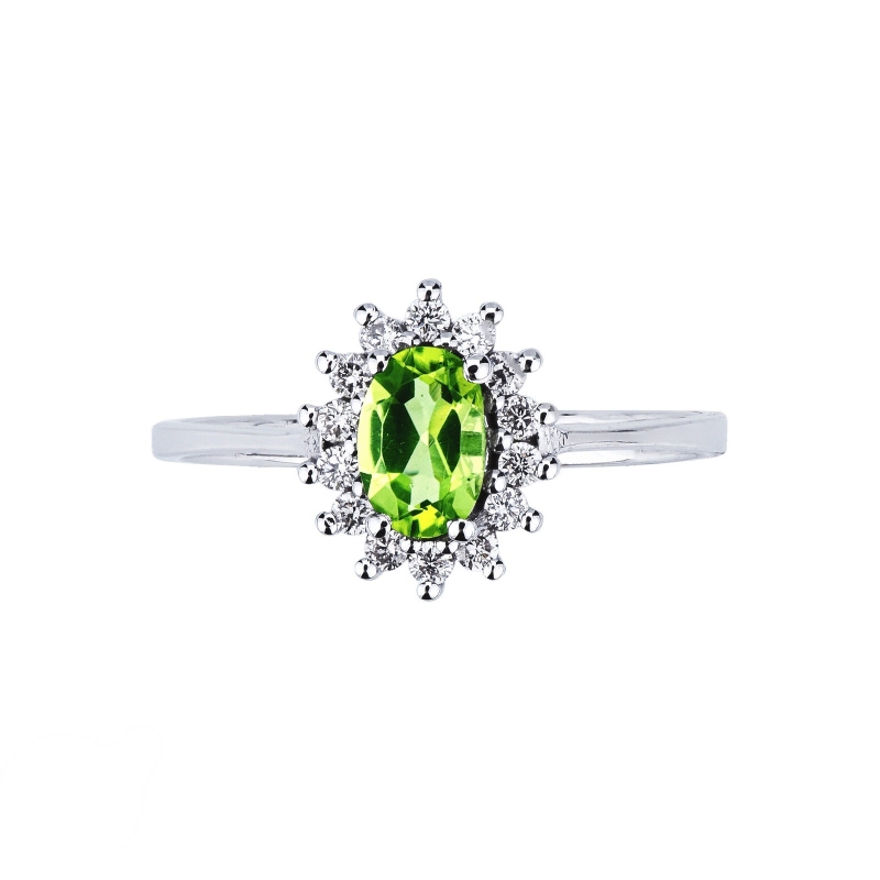 Bague halo en or blanc 18k avec peridot ovale et diamants