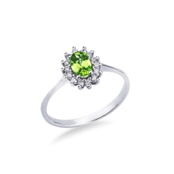 Bague halo en or blanc 18k avec peridot ovale et diamants