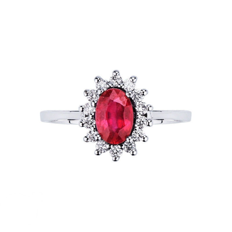 Bague or blanc 18k rubis ovale et halo de diamants Bague or blanc 18k rubis ovale et halo de diamants