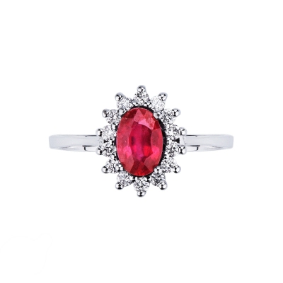 Bague or blanc 18k rubis ovale et halo de diamants