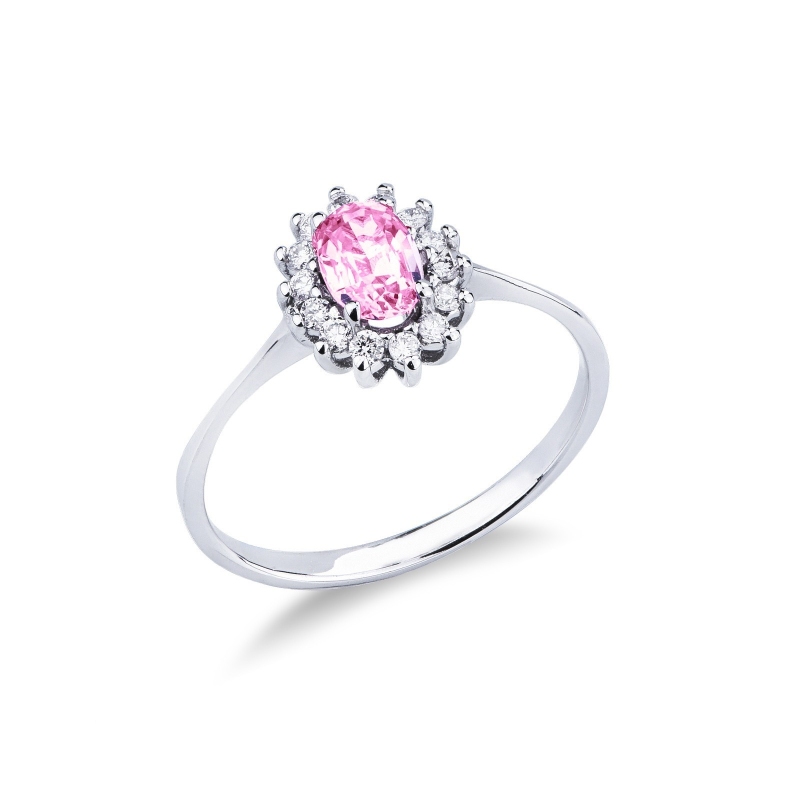 Bague halo classique en diamants or blanc 18k avec saphir rose