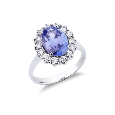 Bague halo en or blanc 18k avec tanzanite ovale et diamants