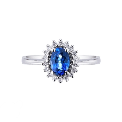 Bague en or blanc 18k avec diamants et saphir bleu ovale