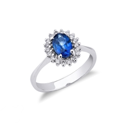 Bague en or blanc 18k avec diamants et saphir bleu ovale