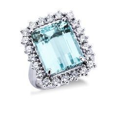 Bague Halo en or blanc 18k avec diamants et aigue-marine