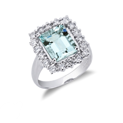 Bague halo en or blanc 18k avec aquamarine et diamants