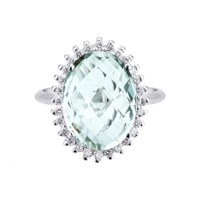 Bague halo en or blanc 18k avec topaze bleue et diamants