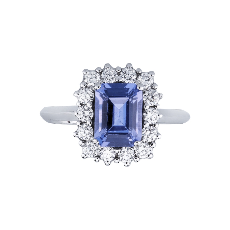 Bague halo en or blanc 18 carats avec tanzanite central Bague halo en or blanc 18 carats avec tanzanite central