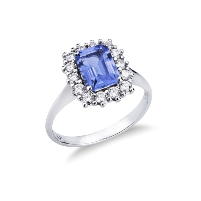Bague halo en or blanc 18 carats avec tanzanite central