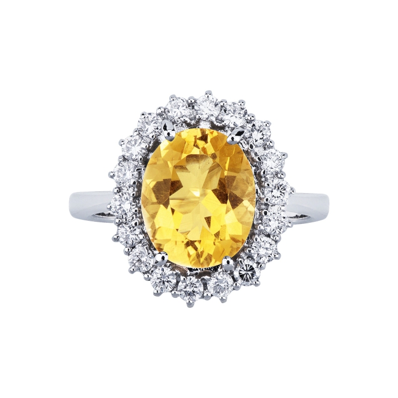 Bague en or blanc 750 avec citrine ovale et diamants Bague en or blanc 750 avec citrine ovale et diamants