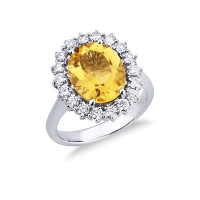 Bague en or blanc 750 avec citrine ovale et diamants