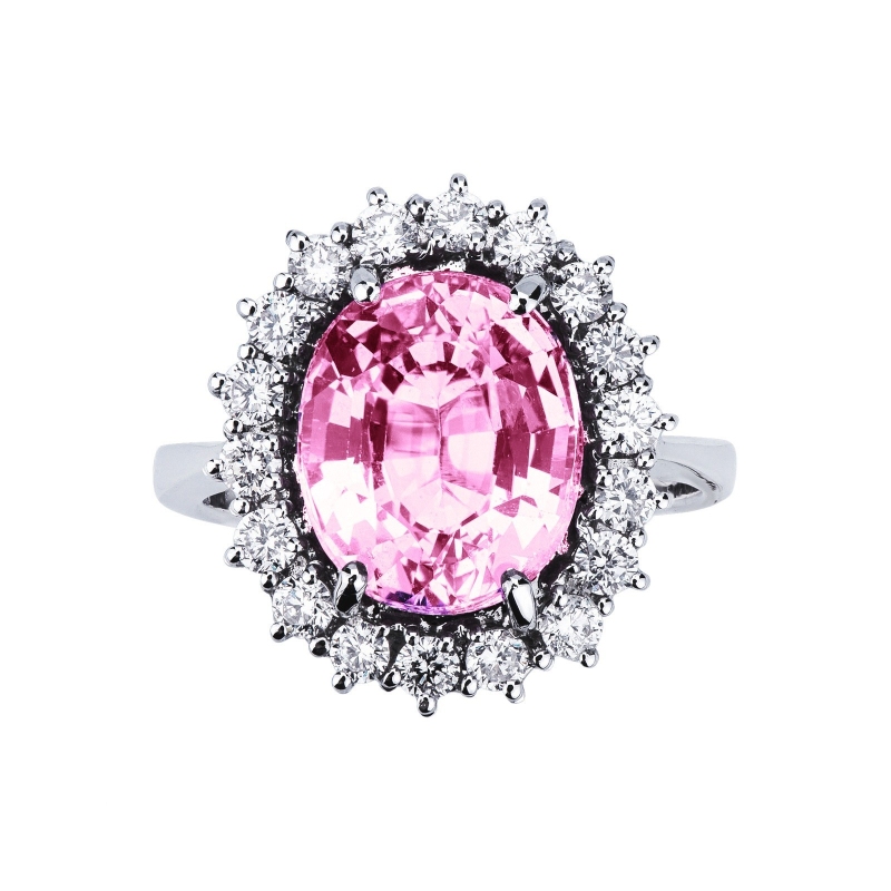 Bague Lady Diana en or blanc 18k avec saphir rose et diamants