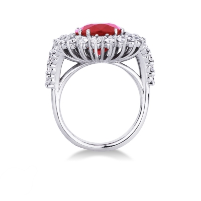 Bague halo en or blanc 18k avec rubis ovale 14X12 et diamants