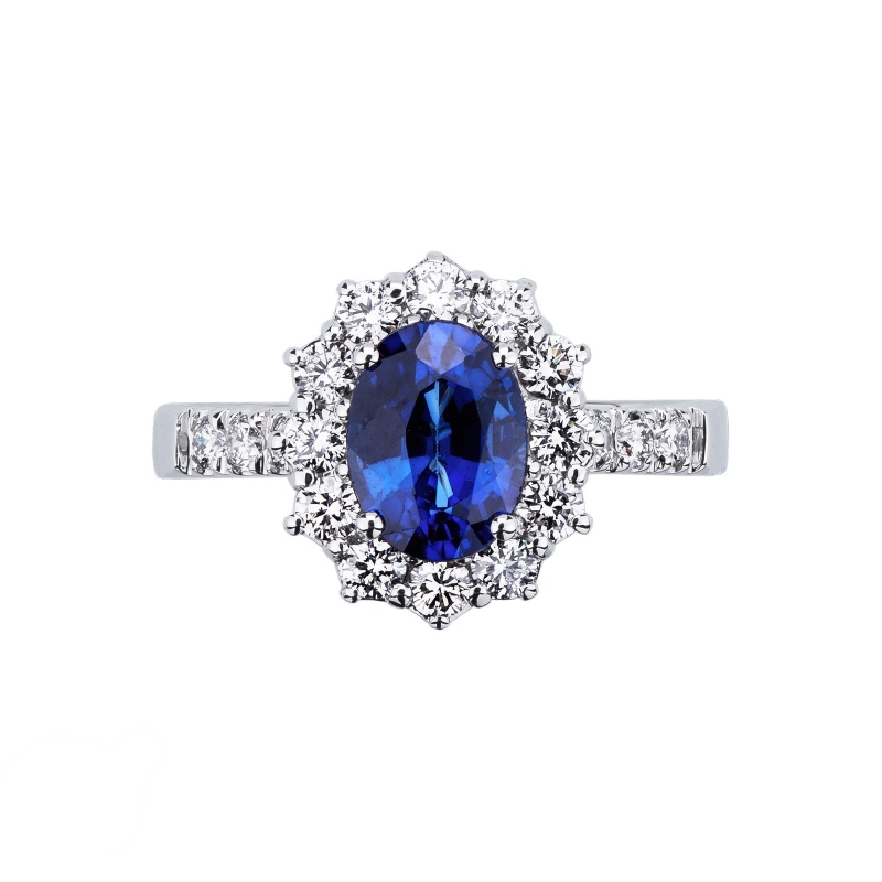 Bague Lady Di en or blanc 18k avec saphir bleu et diamants
