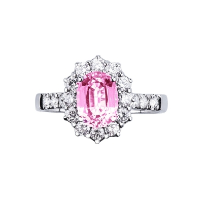 Bague halo en or blanc 18k avec saphir rose ovale et diamants