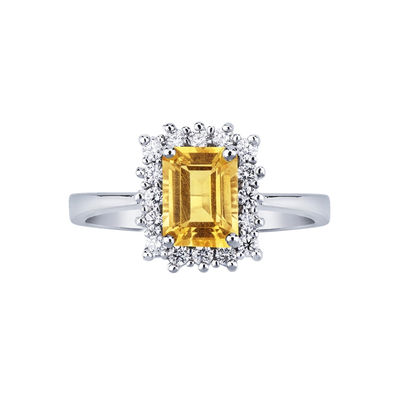 Bague en or blanc 18k avec citrine rectangulaire et diamants Bague en or blanc 18k avec citrine rectangulaire et diamants