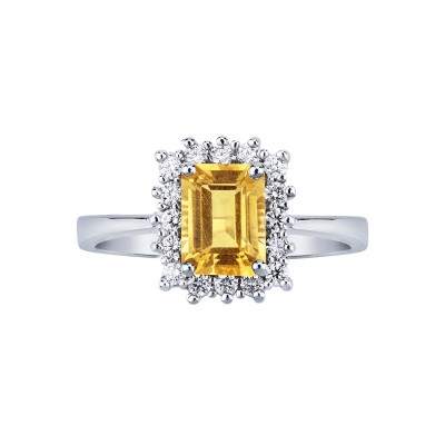 Bague en or blanc 18k avec citrine rectangulaire et diamants